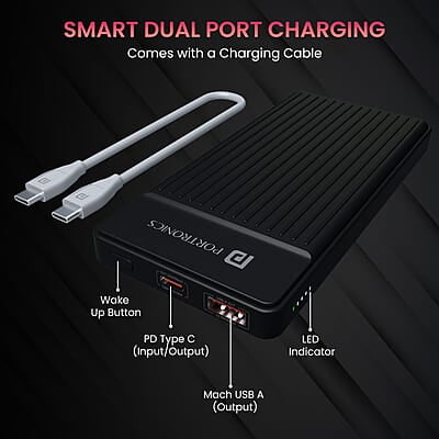 Portronics Luxcell B 10K 10000 mAh 22.5W Fast Charging Power Bank, Ultra Slim Power Bank with Mach USB-A Output, Type C PD Output Portronics Luxcell B 10K 10000 mAh 22.5W Fast Charging Power Bank, Ultra Slim Power Bank with Mach USB-A Output, Type C PD Output