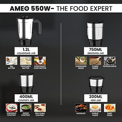 Crompton Ameo 550-Watt Mixer Grinder with MaxiGrind and Motor Vent-X Technology Crompton Ameo 550-Watt Mixer Grinder with MaxiGrind and Motor Vent-X Technology