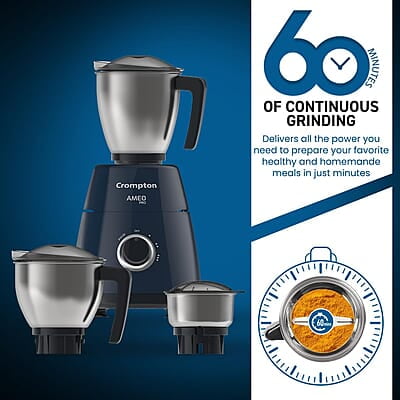 Crompton Ameo PRO 750-Watt 3 Jars Mixer Grinder with MaxiGrind and Motor Vent-X Technology (3 Stainless Steel Jars, Black & Blue)