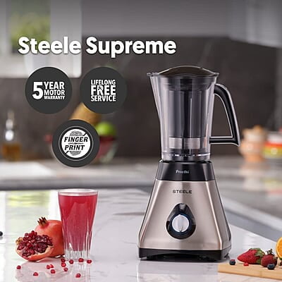 Preethi Steel Supreme MG-208 mixer grinder, 750 watt (Silver/ Black), 4 jars - Super Extractor juicer Jar, Vega W5 Preethi Steel Supreme MG-208 mixer grinder, 750 watt (Silver/ Black), 4 jars - Super Extractor juicer Jar, Vega W5
