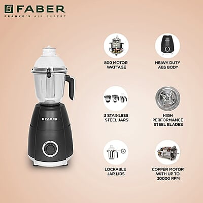 Faber Crown 800W Blender Mixer Grinder, 3 SS clip lock jars and blades low-noise copper motor, up to 20000 rpm speed Faber Crown 800W Blender Mixer Grinder, 3 SS clip lock jars and blades low-noise copper motor, up to 20000 rpm speed
