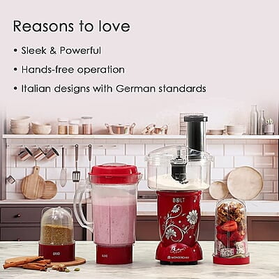 Wonderchef Nutri-blend BOLT Food Processor & Atta Kneader 600W 22000 RPM 4 unbreakable jars with Sipper lid Red Wonderchef Nutri-blend BOLT Food Processor & Atta Kneader 600W 22000 RPM 4 unbreakable jars with Sipper lid Red