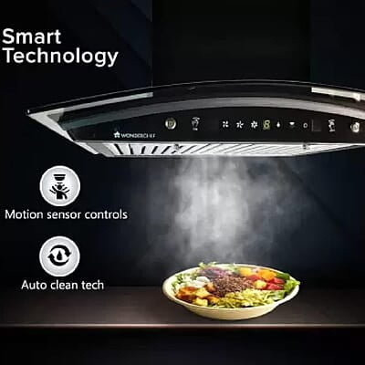 Wonderchef Power Curve Wall-Mount Chimney Auto Clean Function 1200M3/H Suction Capacity 3 Speed Motion SS Baffle filter Wonderchef Power Curve Wall-Mount Chimney Auto Clean Function 1200M3/H Suction Capacity 3 Speed Motion SS Baffle filter