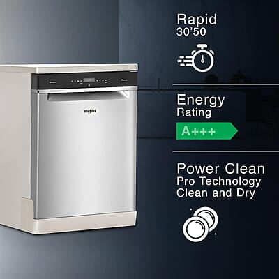 Whirlpool 14 Place Settings PowerClean Pro Technology Dishwasher (WFO 3O33 PL N X IN, Inox, 30% extra space, 11 wash Programs, Clean and Dry Whirlpool 14 Place Settings PowerClean Pro Technology Dishwasher (WFO 3O33 PL N X IN, Inox, 30% extra space, 11 wash Programs, Clean and Dry