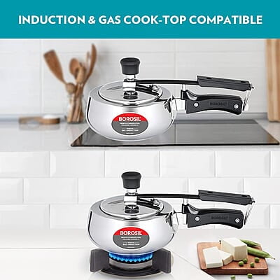 Borosil Pronto Induction Base Inner Lid Stainless Steel Pressure Cooker, 6.8 mm Thick Base, 2 L Borosil Pronto Induction Base Inner Lid Stainless Steel Pressure Cooker, 6.8 mm Thick Base, 2 L