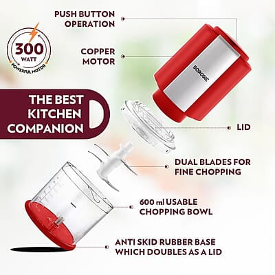 Borosil Chef Delite 300 Watts Electric Chopper for Kitchen, Twin Blade Technology, 600 ml 'chop-n-store' plastic bowl with lid, Vegetable Chopper, Cutter, Chop, Mince, Dice, Whisk, Blend, Red Borosil Chef Delite 300 Watts Electric Chopper for Kitchen, Twin Blade Technology, 600 ml 'chop-n-store' plastic bowl with lid, Vegetable Chopper, Cutter, Chop, Mince, Dice, Whisk, Blend, Red