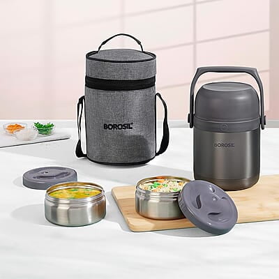 Borosil Hot-N-Fresh Prime Stainless Steel Insulated Lunch Box, Keeps food warm upto 8 Hours, Set of 2 (420 ml + 420 ml), Grey