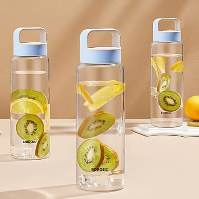 Borosil Crysto Glass Water Bottle, Fridge Bottle Set of 3, Borosilicate Glass, Extreme Temperature Resistant, For Hot & Cold Water, Milk, Lassi, Juice, Blue Husk Lid, 750 ml, Stylish & Transparent Borosil Crysto Glass Water Bottle, Fridge Bottle Set of 3, Borosilicate Glass, Extreme Temperature Resistant, For Hot & Cold Water, Milk, Lassi, Juice, Blue Husk Lid, 750 ml, Stylish & Transparent