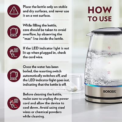 Borosil Electric Glass Kettle, Borosilicate Glass, Extra Long Cord, Dry-boil Protection, 360° Rotating Base, 1.8 L, Transparent Borosil Electric Glass Kettle, Borosilicate Glass, Extra Long Cord, Dry-boil Protection, 360° Rotating Base, 1.8 L, Transparent