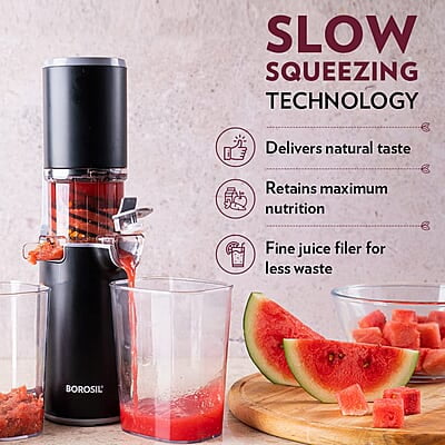 Borosil Easy Juice Cold Press Slow Juicer, Portable Slow Juicer, Compact Design, Less Oxidation, For Fresh Fruits & Vegetables, 130 W Borosil Easy Juice Cold Press Slow Juicer, Portable Slow Juicer, Compact Design, Less Oxidation, For Fresh Fruits & Vegetables, 130 W