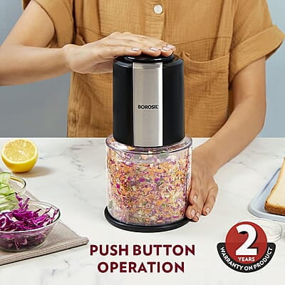 Borosil Chef Delite 300 Watts Electric Chopper for Kitchen, Twin Blade Technology, 600 ml 'chop-n-store' plastic bowl with lid, Vegetable Chopper, Cutter, Chop, Mince, Dice, Whisk, Blend Borosil Chef Delite 300 Watts Electric Chopper for Kitchen, Twin Blade Technology, 600 ml 'chop-n-store' plastic bowl with lid, Vegetable Chopper, Cutter, Chop, Mince, Dice, Whisk, Blend