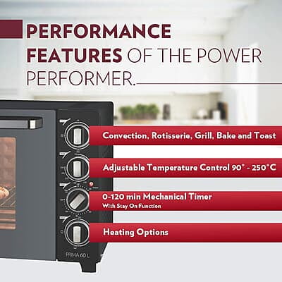 Borosil Prima 60 L Oven Toaster & Grill, Motorised Rotisserie & Convection Heating, 12 Heating Modes, Black Borosil Prima 60 L Oven Toaster & Grill, Motorised Rotisserie & Convection Heating, 12 Heating Modes, Black