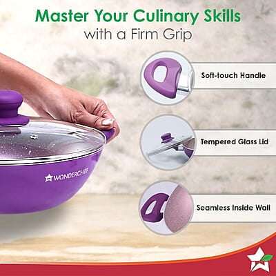 Wonderchef Royal Velvet Non-stick 24cm Kadhai with Lid and Handles 3 mm thick Wonderchef Royal Velvet Non-stick 24cm Kadhai with Lid and Handles 3 mm thick