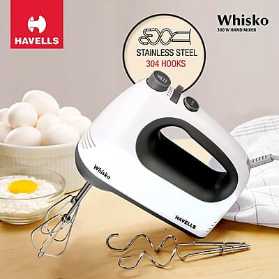 Havells Whisko 300 watt Hand Mixer with Single Eject Button, 5 Speed Turbo Function, Stainless Steel Hooks Havells Whisko 300 watt Hand Mixer with Single Eject Button, 5 Speed Turbo Function, Stainless Steel Hooks