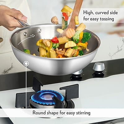 Borosil 2.25 L Cookfresh Tri-ply Stainless Steel Wok with Lid | 22 Cm Kadhai for Deep Fry Borosil 2.25 L Cookfresh Tri-ply Stainless Steel Wok with Lid | 22 Cm Kadhai for Deep Fry