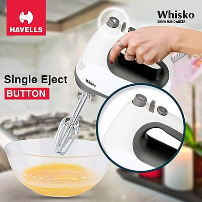 Havells Whisko 300 watt Hand Mixer with Single Eject Button, 5 Speed Turbo Function, Stainless Steel Hooks Havells Whisko 300 watt Hand Mixer with Single Eject Button, 5 Speed Turbo Function, Stainless Steel Hooks