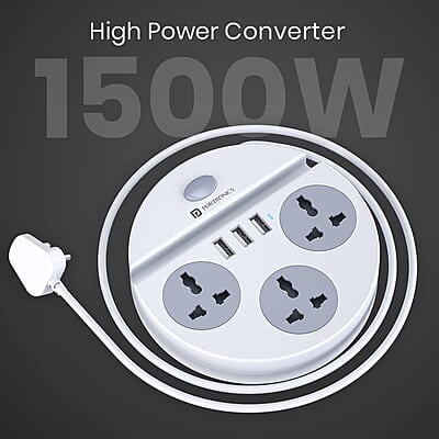 Portronics Power Plate 5 1500W Power Converter with USB Charger & Mobile Holder 3AC Socket + 3USB Ports, 1.5 m Cord Length Portronics Power Plate 5 1500W Power Converter with USB Charger & Mobile Holder 3AC Socket + 3USB Ports, 1.5 m Cord Length