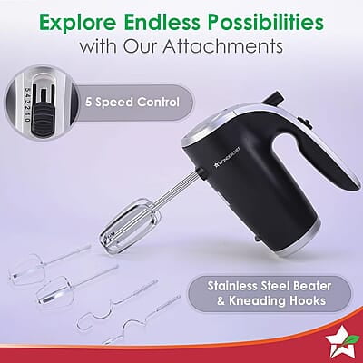 Wonderchef Onyx 5 Speed Electric Hand Mixer 300W SS Whisk Beaters & Dough Hooks