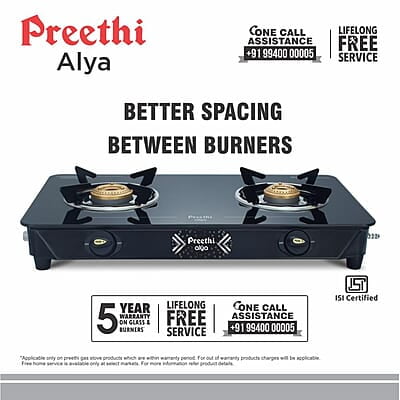 Preethi Alya Glass Top 2 Burner Gas Stove, Manual Ignition Preethi Alya Glass Top 2 Burner Gas Stove, Manual Ignition