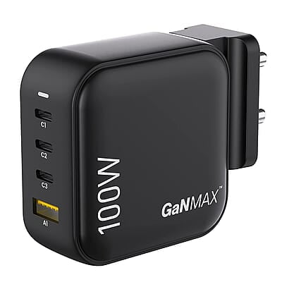 Ambrane 100W Charger Adapter, 4 Ports - 3 Type C & 1 USB for iPhone & Android, MacBook & Type C Laptop, Fast Charger with PD Technology & GaN Technology, for All Types of Devices