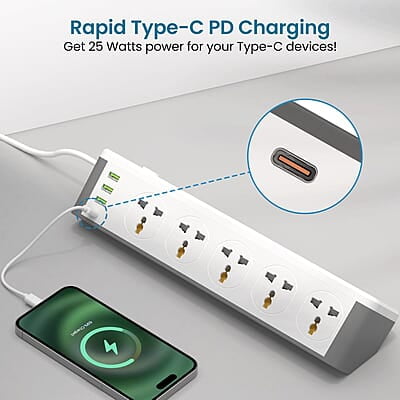 Portronics Power Plate 14 Extension Board with 10 Universal Sockets, 25W Type-C PD, 3 USB Charging Ports, 3 Meter Long Cord, 2500 Watts Portronics Power Plate 14 Extension Board with 10 Universal Sockets, 25W Type-C PD, 3 USB Charging Ports, 3 Meter Long Cord, 2500 Watts