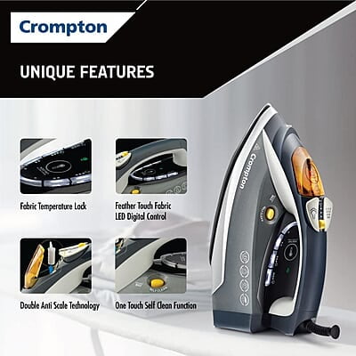 Crompton FabriAutoTech 2200 Watt Steam Iron Feather Touch Digital LED Fabric Temperature Control 3 Ways Auto Shut-off Scratch Resistant Ceramic Coating 400 Ml water Tank Crompton FabriAutoTech 2200 Watt Steam Iron Feather Touch Digital LED Fabric Temperature Control 3 Ways Auto Shut-off Scratch Resistant Ceramic Coating 400 Ml water Tank