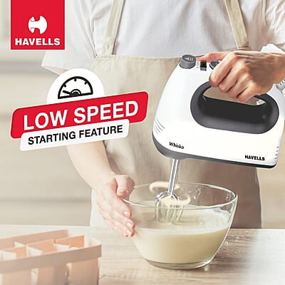 Havells Whisko 300 watt Hand Mixer with Single Eject Button, 5 Speed Turbo Function, Stainless Steel Hooks Havells Whisko 300 watt Hand Mixer with Single Eject Button, 5 Speed Turbo Function, Stainless Steel Hooks