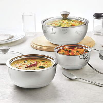 Borosil Stainless Steel Curry Server (Silver, 500ml, 900ml, 1.5L) - 3 Pc Set