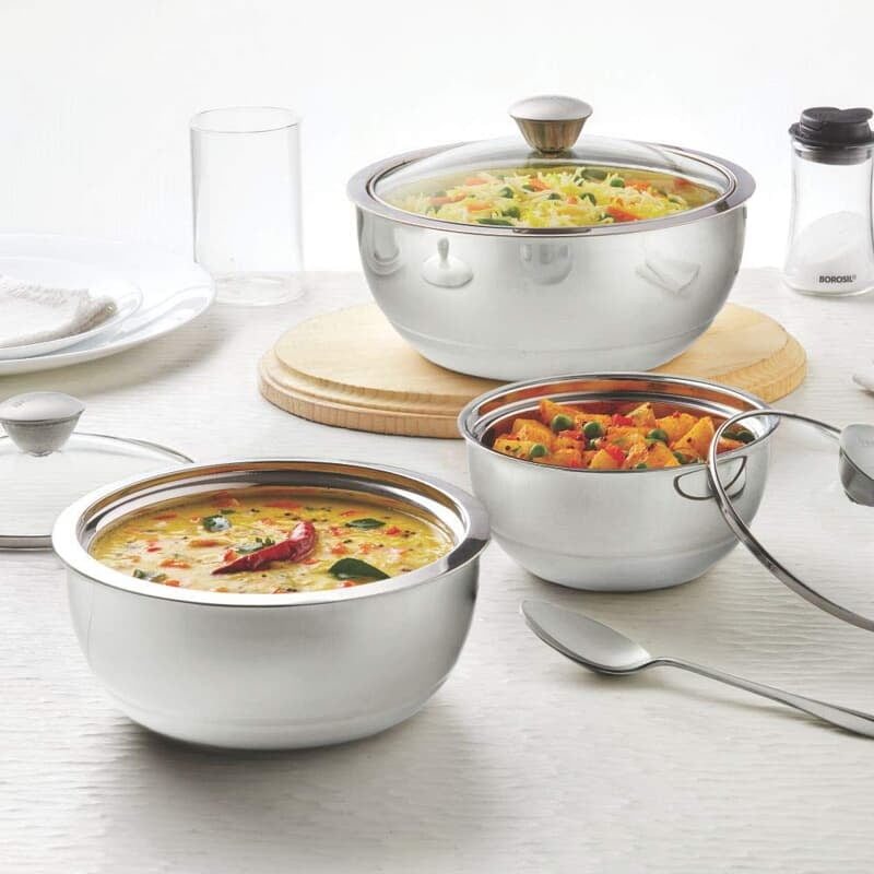 Borosil Stainless Steel Curry Server (Silver, 500ml, 900ml, 1.5L) - 3 Pc Set Borosil Stainless Steel Curry Server (Silver, 500ml, 900ml, 1.5L) - 3 Pc Set