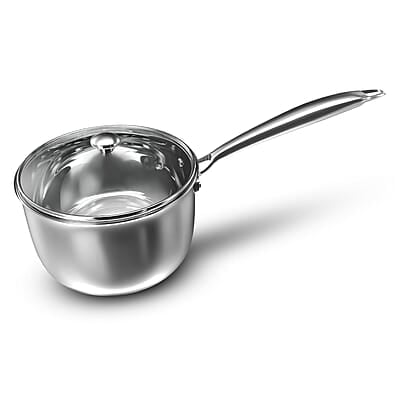 Preethi Metallica Collection Triply Stainless Steel Milk Pan with Glass Lid, 16 cm, Gas & Induction Compatible
