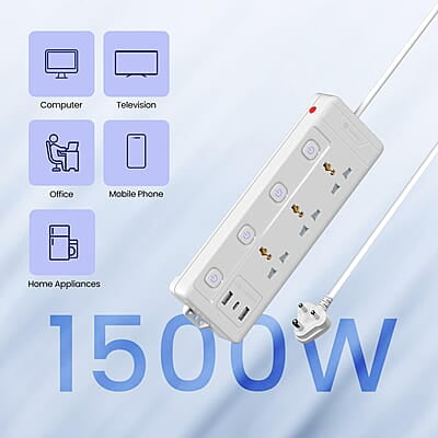 Portronics Power Plate 18 Extension Board with 3 Universal Power Sockets, 1500 Watts, 3 Meter Long Heavy-Duty Cord