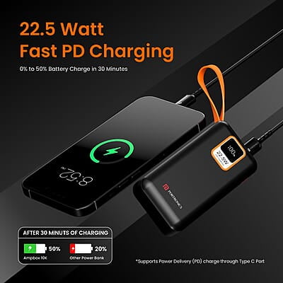 Portronics Ampbox 10K 10000 mAh Power Bank with 22.5W Fast Charging, Digital Display, Dual Output Portronics Ampbox 10K 10000 mAh Power Bank with 22.5W Fast Charging, Digital Display, Dual Output