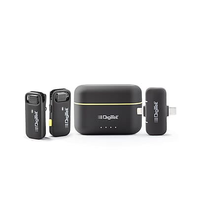 Digitek® (DWM-103 Wireless Microphone System with ANC Noise Reduction & 8Hrs Battery Life, 30m Range, High Fidelity, Dual Connector to Work with Android & iOS Devices for Seamless Audio Recordings