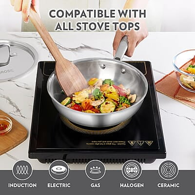 Borosil 2.25 L Cookfresh Tri-ply Stainless Steel Wok with Lid | 22 Cm Kadhai for Deep Fry Borosil 2.25 L Cookfresh Tri-ply Stainless Steel Wok with Lid | 22 Cm Kadhai for Deep Fry