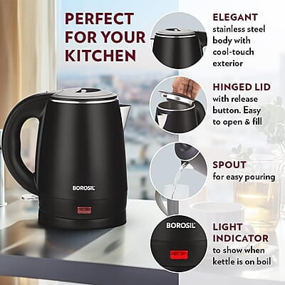 Borosil 1.2L 1350W Cooltouch Multipurpose Electric Kettle | Auto Shut off | Wide Mouth | 304 Food Grade Stainless Steel with Double Wall Cooltouch Exterior | 2 year Warranty | Black Borosil 1.2L 1350W Cooltouch Multipurpose Electric Kettle | Auto Shut off | Wide Mouth | 304 Food Grade Stainless Steel with Double Wall Cooltouch Exterior | 2 year Warranty | Black