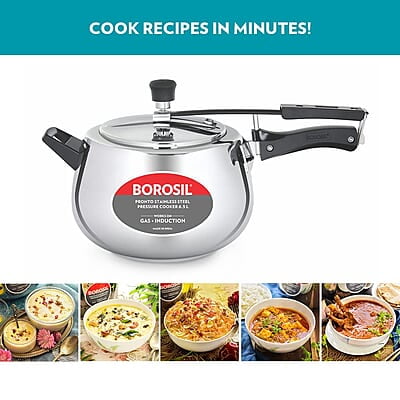 Borosil Pronto Induction Base Inner Lid Stainless Steel Pressure Cooker, 6.8 mm Thick Base, 6.5 L Borosil Pronto Induction Base Inner Lid Stainless Steel Pressure Cooker, 6.8 mm Thick Base, 6.5 L
