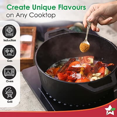 Wonderchef Forza 25 cm Cast-Iron Casserole with Lid Pre-Seasoned Cookware 4.7 L