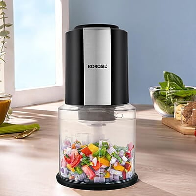 Borosil Chef Delite 300 Watts Electric Chopper for Kitchen, Twin Blade Technology, 600 ml 'chop-n-store' plastic bowl with lid, Vegetable Chopper, Cutter, Chop, Mince, Dice, Whisk, Blend Borosil Chef Delite 300 Watts Electric Chopper for Kitchen, Twin Blade Technology, 600 ml 'chop-n-store' plastic bowl with lid, Vegetable Chopper, Cutter, Chop, Mince, Dice, Whisk, Blend