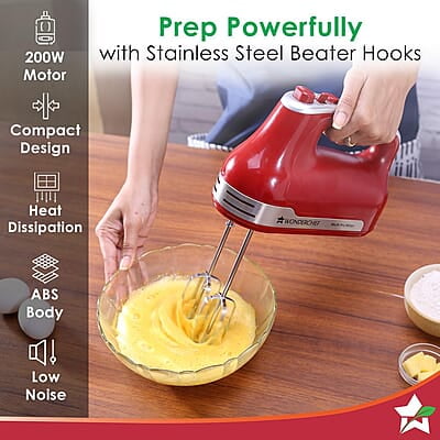 Wonderchef Crimson Edge 5 Speed Electric Hand Mixer 300W SS Whisk Beaters and Dough Hooks Wonderchef Crimson Edge 5 Speed Electric Hand Mixer 300W SS Whisk Beaters and Dough Hooks