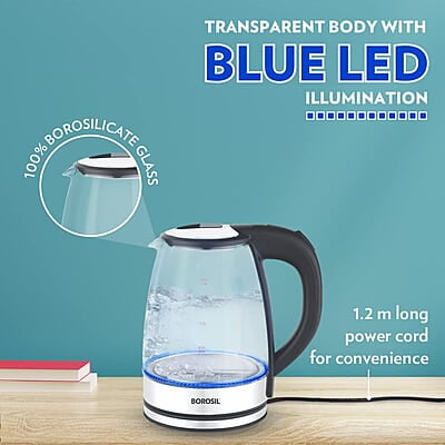Borosil Electric Glass Kettle, Borosilicate Glass, Extra Long Cord, Dry-boil Protection, 360° Rotating Base, 1.8 L, Transparent Borosil Electric Glass Kettle, Borosilicate Glass, Extra Long Cord, Dry-boil Protection, 360° Rotating Base, 1.8 L, Transparent