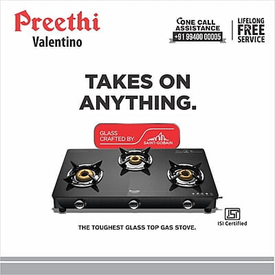 Preethi Valentino Glass top 3 Burner Gas Stove, Manual Ignition, Black ISI Approved Preethi Valentino Glass top 3 Burner Gas Stove, Manual Ignition, Black ISI Approved