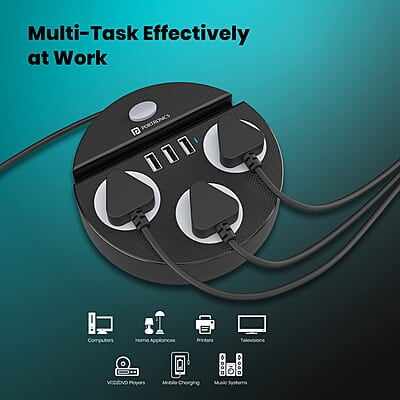 Portronics Power Plate 5 1500W Power Converter with USB Charger & Mobile Holder 3AC Socket + 3USB Ports, 1.5 m Cord Length Portronics Power Plate 5 1500W Power Converter with USB Charger & Mobile Holder 3AC Socket + 3USB Ports, 1.5 m Cord Length