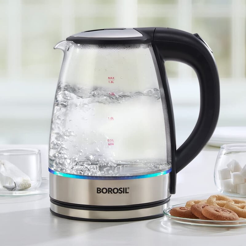 Borosil Electric Glass Kettle, Borosilicate Glass, Extra Long Cord, Dry-boil Protection, 360° Rotating Base, 1.8 L, Transparent Borosil Electric Glass Kettle, Borosilicate Glass, Extra Long Cord, Dry-boil Protection, 360° Rotating Base, 1.8 L, Transparent