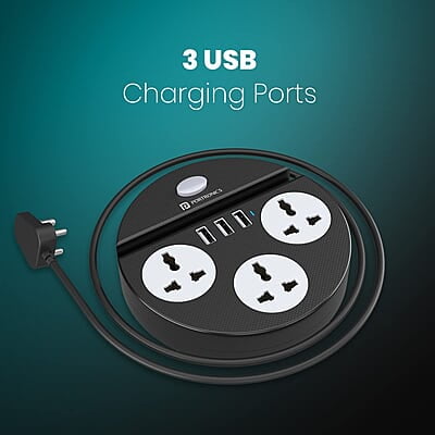 Portronics Power Plate 5 1500W Power Converter with USB Charger & Mobile Holder 3AC Socket + 3USB Ports, 1.5 m Cord Length Portronics Power Plate 5 1500W Power Converter with USB Charger & Mobile Holder 3AC Socket + 3USB Ports, 1.5 m Cord Length