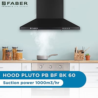Faber 60 cm 1000 m³/hr Kitchen Chimney (HOOD PLUTO PB BF BK 60, Baffle Filter, Push Button Faber 60 cm 1000 m³/hr Kitchen Chimney (HOOD PLUTO PB BF BK 60, Baffle Filter, Push Button