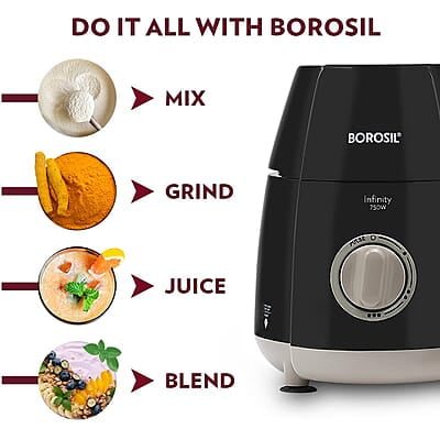 Borosil 750W Infinity Mixer Grinder with 4 Stainless Steel Jars (1.5L Jar with Fruit Filter, 1.5L Blending Jar, 1L Dry/Wet Grinder Jar, 400ml Chutnery Jar), Kitchen Mixie, 5 Years Warranty on Motor Borosil 750W Infinity Mixer Grinder with 4 Stainless Steel Jars (1.5L Jar with Fruit Filter, 1.5L Blending Jar, 1L Dry/Wet Grinder Jar, 400ml Chutnery Jar), Kitchen Mixie, 5 Years Warranty on Motor