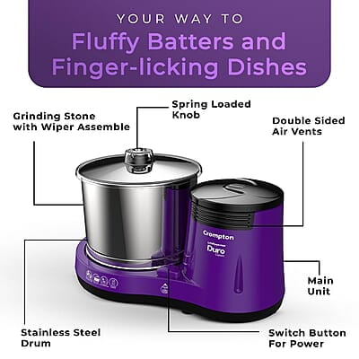 Crompton's Duro Classic Wet Grinder with 150W Motor for Uniform Grinding, High Grade 2L Stainless Steel Drums, Strong ABS Body Crompton's Duro Classic Wet Grinder with 150W Motor for Uniform Grinding, High Grade 2L Stainless Steel Drums, Strong ABS Body