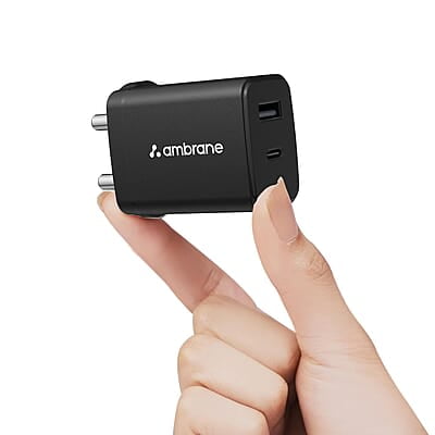 Ambrane 30W Dual Port GaN Charger, USB & Type C Port with QC & PD Technology, Fast Charging Compatible with iPhone, iPad, Google Pixel, Samsung, Redmi, Mi, Oppo and More