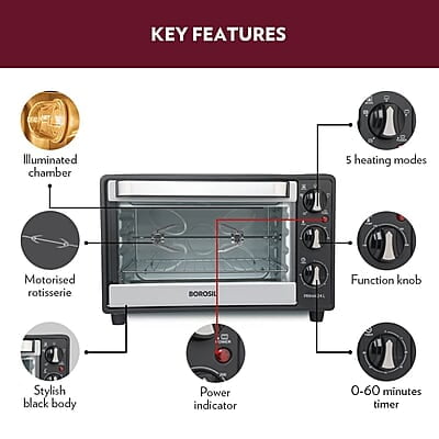 Borosil Prima 24 L Oven Toaster & Grill, Motorised Rotisserie & Convection Heating, 5 Heating Modes, Black