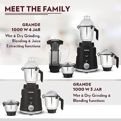 Borosil Grande 1000 W Mixer Grinder, With Double Ball Bearings, 4 Jars (3 SS Jars (1.5 L Blending Jar, 1.2 L Dry/Wet Grinder, 400 ml Chutney Jar) & 1 PC Jar with Fruit Filter) Mixie For Kitchen Borosil Grande 1000 W Mixer Grinder, With Double Ball Bearings, 4 Jars (3 SS Jars (1.5 L Blending Jar, 1.2 L Dry/Wet Grinder, 400 ml Chutney Jar) & 1 PC Jar with Fruit Filter) Mixie For Kitchen